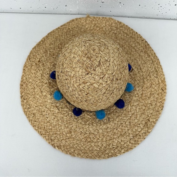 Pool to Party by Subtle Luxury Wide Brim Straw Floppy Sun Hat with Blue Pom Poms - Picture 7 of 11